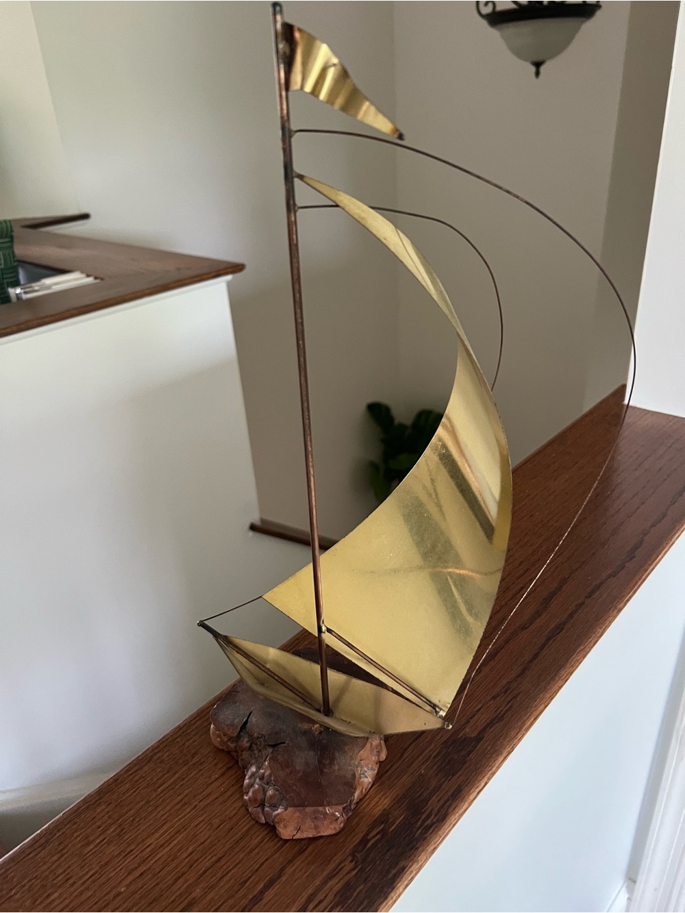 Vintage Brass Sailboat Sculpture MCM on Burl Wood Base